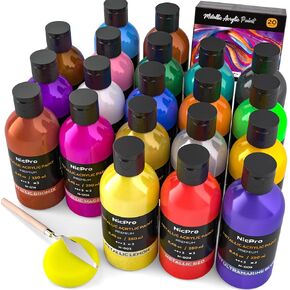 Nicpro 20 Colors Metallic Acrylic Paint Set, 8.45 oz (250 ml) Large Acrylic Paint Bulk, Metallic Finish Suitable for Multi Surface Canvas, Rock, Wood, Leather, MDF, Metal and Crafts