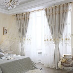 Amidoudou 1 Pair Luxury European Curtains with Valance for Living Room Bedroom Double Layer Embroidered Room Darkening Curtains (Beige,51x96 Inch)