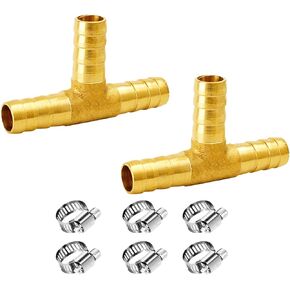 3/16" Brass Barb Tee Fittings T-Shaped 3 Ways Union Hose Barb Pipe Fitting with 9pcs Stainless Steel Pipe Clamp for Water/Fuel/Air (Pack of 3)
