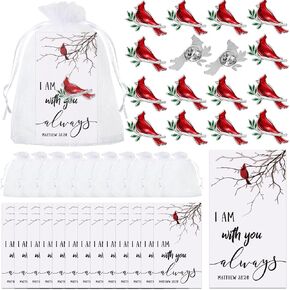 Set of 50 Memorial Cardinal Sign Pins Set Funeral Pocket Token Guardian Pocket Oil Dropped Cardinal Pins I Am with You Always Poem Cards White Organza Bags Gift Bag Cardinal Charms Presents Religious