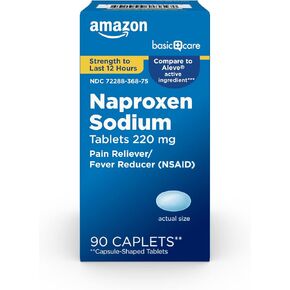 Amazon Basic Care Naproxen Sodium Caplets 220 mg, Fever Reducer (NSAID) and Pain Reliever for Muscular Aches, Backache, Headache, Toothache, Minor Arthritis and More, 90 Count