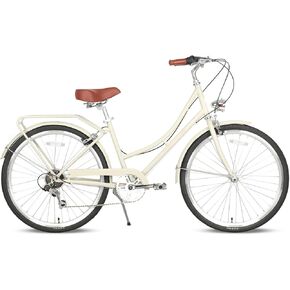AVASTA 26 inch Hybrid Bike for Women Female Lightweight Step Through Hi-Ten Steel Frame City Commuter Comfort Lady Bicycle, 6-Speed, Color Black with Black Tires