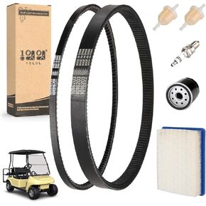 10L0L Golf Cart DS Tune Up Kit W/Clutch Drive Belt &Generator Belt fit 1992-2004 Club Car DS Gas Models with FE290,FE350 Kawasaki Motor, Incl. Air & Oil Fuel Filters Spark Plug,OEM 1025582, 101916701
