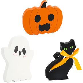 3pcs Halloween Tiered Tray Table Sign, Halloween Wooden Decoration Pumpkin Ghost Black Cat Halloween Interior Statues Decorations for Party Home Table Decor