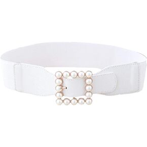 KESYOO Ladies Simple Cummerbund Elastic Pearl Waistband Square Buckle Belt Skirt Ornament for Decoration (Black)