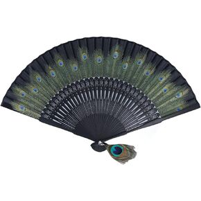 Luqeeg Folding Hand Fan, Silk Peacock Handheld Fan with Elegant Tassels, Chinese Retro Hand Craft for Women, Classic Fan for Dance Party Wedding Home Decoration Gifts, Black