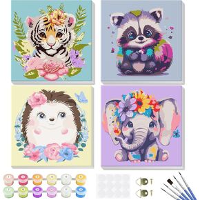 4 Pack Paint by Numbers for Kids Beginners, Framed Canvas Cartoon Painting by Numbers Kits for Kids Ages 4-8-12, Easy Paint by Numbers Animals Crafts, Kids' Paint by Number Kits for Decor-8X8inch