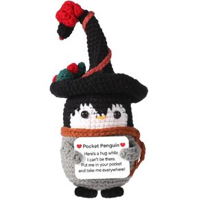 Pocket Penguin Hug, 5.5 Inch Funny Positive Penguin with Wizard Hat Cute Potato Wool Support Crochet Doll Knitted Penguin Toy with Positive Card Decoration for Friends Family Birthday Gift