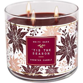 White Barn 3-Wick Candle w/Essential Oils - 14.5 oz - 2020 Holidays Scents! (‘Tis The Season),Burgundy Soy Wax,White and Burgundy Leaf Jar Print,Gold Lid,Transparent Glass