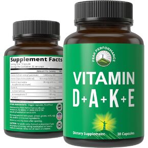Peak Performance DAKE Vitamin Supplement. Vitamin D 5,000 iu + Vitamin A + Vitamin K + Vitamin E in 1 Vegan Capsule. ADK Vitamin Supplement with E. D3 K2.