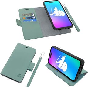 DefenderShield EMF Protection & 5G Anti Radiation iPhone 15 Pro Case - RFID Blocking EMF Shield Detachable Wallet Case with Magnetic Closure Sage Green