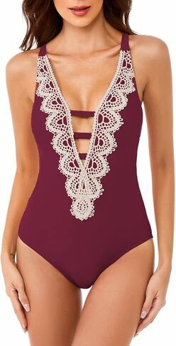 Women's Standard Destination One Piece Swimsuit, Plunge Neck, Crochet Trim, Bathing Suits in Saudi Arabia