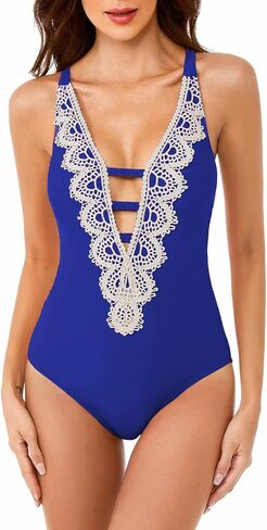 Women's Standard Destination One Piece Swimsuit, Plunge Neck, Crochet Trim, Bathing Suits in Saudi Arabia