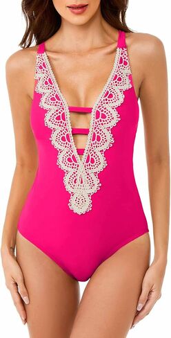 Women's Standard Destination One Piece Swimsuit, Plunge Neck, Crochet Trim, Bathing Suits in Saudi Arabia