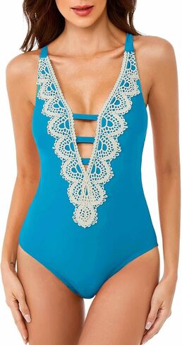 Women's Standard Destination One Piece Swimsuit, Plunge Neck, Crochet Trim, Bathing Suits in Saudi Arabia