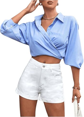 MakeMeChic Women's Casual Roll Up Hem Jean Shorts Straight Leg High Waist Zipper Denim Shorts in Saudi Arabia