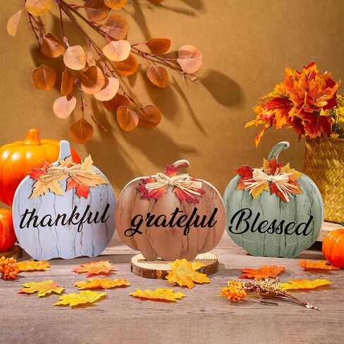 Soaoo 3 Pcs Fall Decorations for Home Blessed Grateful Thankful Sign Pumpkin Block Thanksgiving Decorations Wooden Pumpkin Tabletop Decor for Home Thanksgiving Farmhouse Living Room Harvest in Saudi Arabia