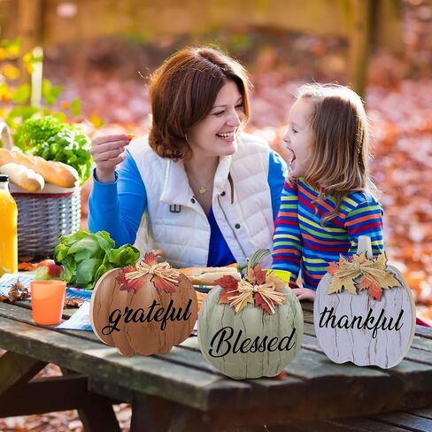 Soaoo 3 Pcs Fall Decorations for Home Blessed Grateful Thankful Sign Pumpkin Block Thanksgiving Decorations Wooden Pumpkin Tabletop Decor for Home Thanksgiving Farmhouse Living Room Harvest in Saudi Arabia