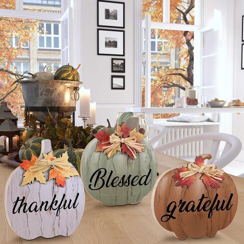 Soaoo 3 Pcs Fall Decorations for Home Blessed Grateful Thankful Sign Pumpkin Block Thanksgiving Decorations Wooden Pumpkin Tabletop Decor for Home Thanksgiving Farmhouse Living Room Harvest in Saudi Arabia