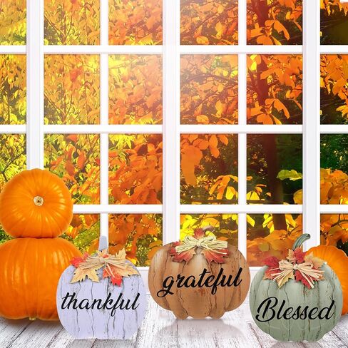 Soaoo 3 Pcs Fall Decorations for Home Blessed Grateful Thankful Sign Pumpkin Block Thanksgiving Decorations Wooden Pumpkin Tabletop Decor for Home Thanksgiving Farmhouse Living Room Harvest in Saudi Arabia