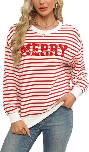 KIDDAD Christmas Sweatshirts for Women Glitter Patch Merry Christmas Letter Print Sweater Embroidered Striped Pullover Tops in Saudi Arabia