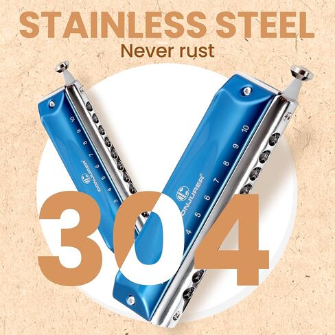 CONJURER لوني هارمونيكا بدون صمام للأطفال البالغين المبتدئين - 12 فتحة هارمونيكا مفتاح C من الفولاذ المقاوم للصدأ مع جهاز فم نحاسي في العلبة، مفتاح C فضي in Kuwait