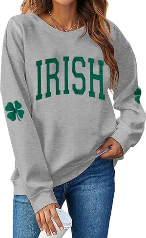 Women St. Patrick's Day Sweatshirts Shamrock Clover Print Shirts Casual Irish Gift Long Sleeve Loose Fit Tops in Saudi Arabia