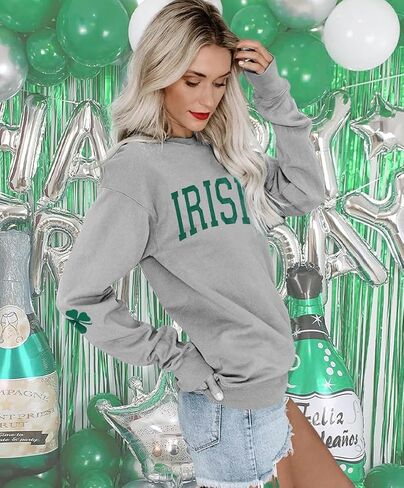 Women St. Patrick's Day Sweatshirts Shamrock Clover Print Shirts Casual Irish Gift Long Sleeve Loose Fit Tops in Saudi Arabia