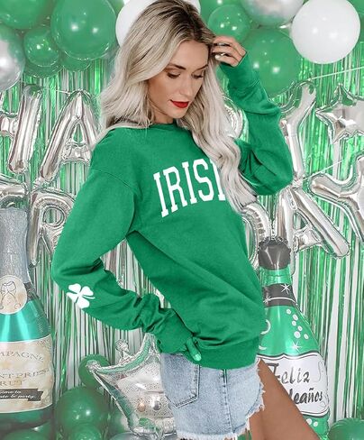 Women St. Patrick's Day Sweatshirts Shamrock Clover Print Shirts Casual Irish Gift Long Sleeve Loose Fit Tops in Saudi Arabia