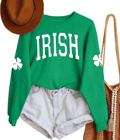 Women St. Patrick's Day Sweatshirts Shamrock Clover Print Shirts Casual Irish Gift Long Sleeve Loose Fit Tops in Saudi Arabia