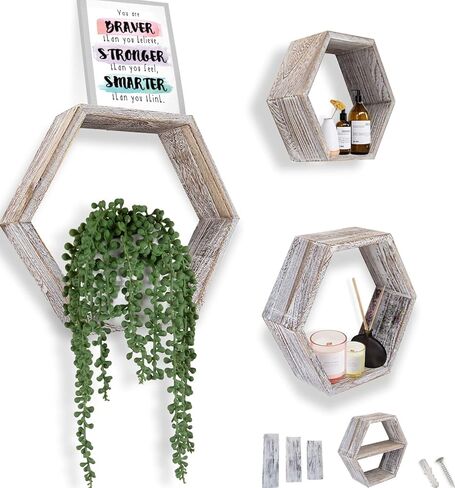 Comfify Rustic Wall Mounted Hexagonal Floating Shelves – Set of 3 Honeycomb Shelves – Screws and Anchors Included - Farmhouse Decor – Honeycomb Wall Décor - Rustic White in Kuwait