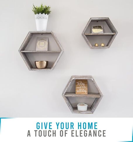 Comfify Rustic Wall Mounted Hexagonal Floating Shelves – Set of 3 Honeycomb Shelves – Screws and Anchors Included - Farmhouse Decor – Honeycomb Wall Décor - Rustic White in Kuwait