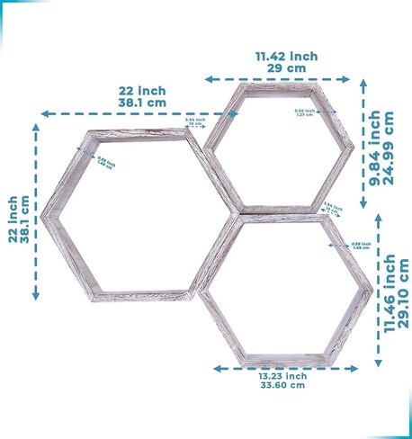 Comfify Rustic Wall Mounted Hexagonal Floating Shelves – Set of 3 Honeycomb Shelves – Screws and Anchors Included - Farmhouse Decor – Honeycomb Wall Décor - Rustic White in Kuwait