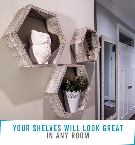 Comfify Rustic Wall Mounted Hexagonal Floating Shelves – Set of 3 Honeycomb Shelves – Screws and Anchors Included - Farmhouse Decor – Honeycomb Wall Décor - Rustic White in Kuwait