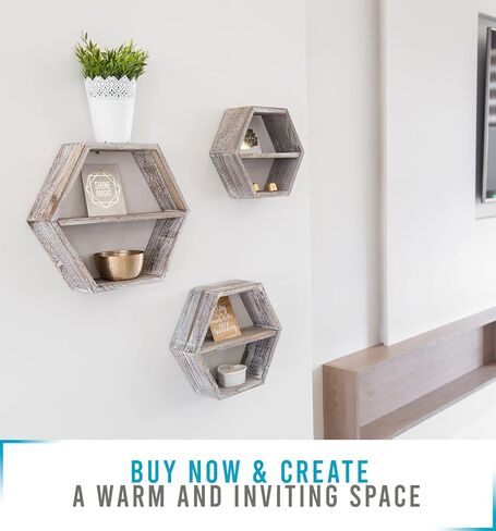 Comfify Rustic Wall Mounted Hexagonal Floating Shelves – Set of 3 Honeycomb Shelves – Screws and Anchors Included - Farmhouse Decor – Honeycomb Wall Décor - Rustic White in Kuwait