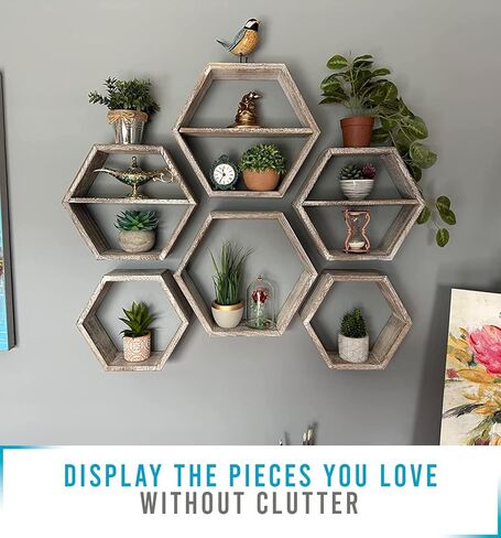 Comfify Rustic Wall Mounted Hexagonal Floating Shelves – Set of 3 Honeycomb Shelves – Screws and Anchors Included - Farmhouse Decor – Honeycomb Wall Décor - Rustic White in Kuwait