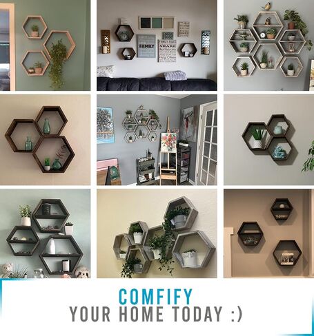 Comfify Rustic Wall Mounted Hexagonal Floating Shelves – Set of 3 Honeycomb Shelves – Screws and Anchors Included - Farmhouse Decor – Honeycomb Wall Décor - Rustic White in Kuwait