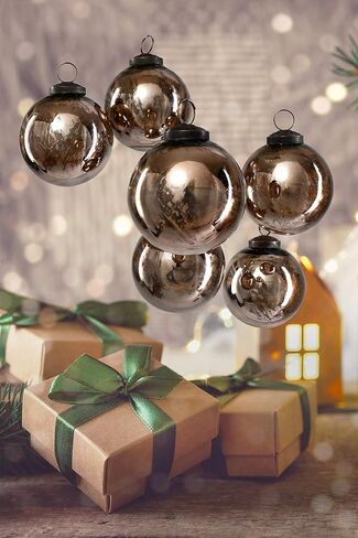 Serene Spaces Living Set of 6 Antique Bronze Mercury Glass Christmas Ball Ornament for Window Box, Decorative Ornaments for Holiday Décor, Measure 4" Tall and 3" Diameter in Kuwait