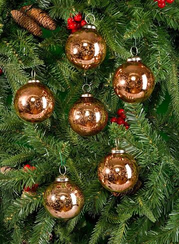 Serene Spaces Living Set of 6 Antique Bronze Mercury Glass Christmas Ball Ornament for Window Box, Decorative Ornaments for Holiday Décor, Measure 4" Tall and 3" Diameter in Kuwait
