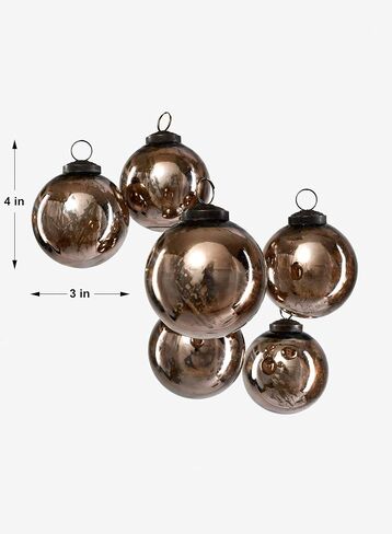 Serene Spaces Living Set of 6 Antique Bronze Mercury Glass Christmas Ball Ornament for Window Box, Decorative Ornaments for Holiday Décor, Measure 4" Tall and 3" Diameter in Kuwait