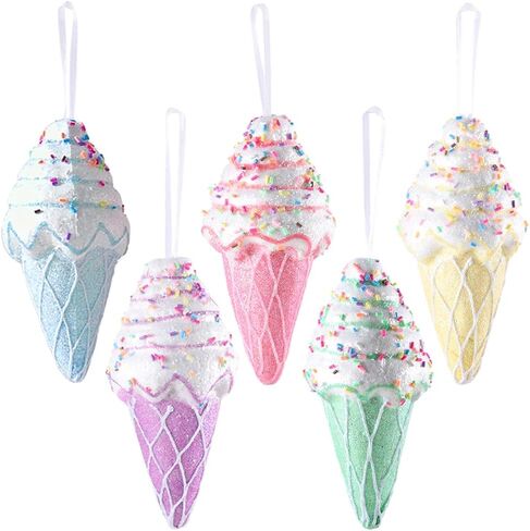Ice Cream Party Decorations Ornaments, 5pcs Christmas Tree Hanging Candy Gift, Macaron Color Dessert Ice Cream Pendant Set for Xmas New Year Easter Birthday Home Party Supplies (Ice Cream) in Kuwait