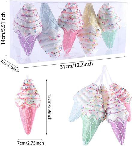 Ice Cream Party Decorations Ornaments, 5pcs Christmas Tree Hanging Candy Gift, Macaron Color Dessert Ice Cream Pendant Set for Xmas New Year Easter Birthday Home Party Supplies (Ice Cream) in Kuwait