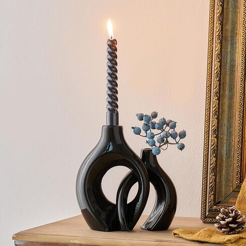 حامل شمعدان AWNR لديكور المنزل: قطعتان من حاملات الشموع السيراميكية السوداء مجموعة شموع مستدقة لقطع مركزية للطاولة ديكورات حديثة لمطبخ غرفة المعيشة in Kuwait