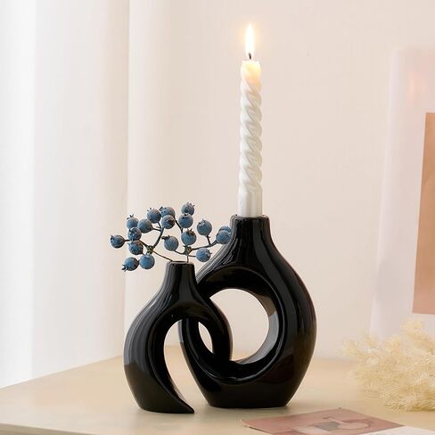 حامل شمعدان AWNR لديكور المنزل: قطعتان من حاملات الشموع السيراميكية السوداء مجموعة شموع مستدقة لقطع مركزية للطاولة ديكورات حديثة لمطبخ غرفة المعيشة in Kuwait