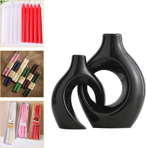حامل شمعدان AWNR لديكور المنزل: قطعتان من حاملات الشموع السيراميكية السوداء مجموعة شموع مستدقة لقطع مركزية للطاولة ديكورات حديثة لمطبخ غرفة المعيشة in Kuwait