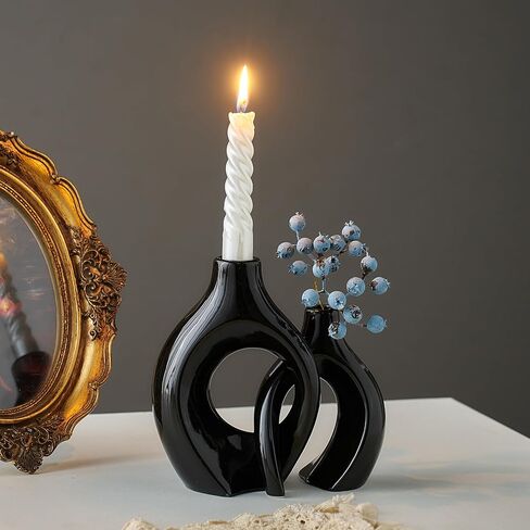 حامل شمعدان AWNR لديكور المنزل: قطعتان من حاملات الشموع السيراميكية السوداء مجموعة شموع مستدقة لقطع مركزية للطاولة ديكورات حديثة لمطبخ غرفة المعيشة in Kuwait
