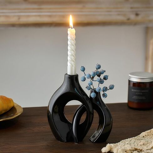 حامل شمعدان AWNR لديكور المنزل: قطعتان من حاملات الشموع السيراميكية السوداء مجموعة شموع مستدقة لقطع مركزية للطاولة ديكورات حديثة لمطبخ غرفة المعيشة in Kuwait