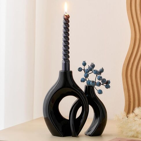 حامل شمعدان AWNR لديكور المنزل: قطعتان من حاملات الشموع السيراميكية السوداء مجموعة شموع مستدقة لقطع مركزية للطاولة ديكورات حديثة لمطبخ غرفة المعيشة in Kuwait