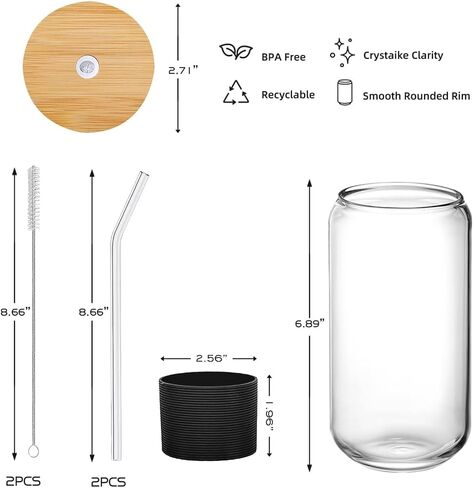 2Pack Glass Cups with Lids and Straws,Iced Coffee Cups,Glass Coffee Cups,Beer Glass Cup for Whiskey, Soda, Tea, Juice,16OZ Drinking Glasses Cups with Protective Sleeves 2 Colors,1 Brush in Saudi Arabia