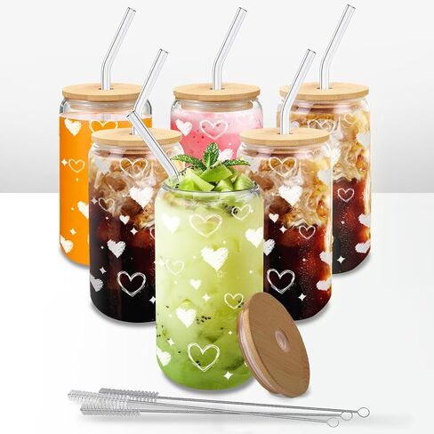 2Pack Glass Cups with Lids and Straws,Iced Coffee Cups,Glass Coffee Cups,Beer Glass Cup for Whiskey, Soda, Tea, Juice,16OZ Drinking Glasses Cups with Protective Sleeves 2 Colors,1 Brush in Saudi Arabia